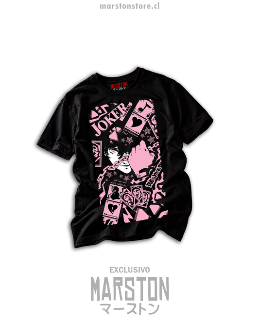 Polera negra Persona 5 con Joker en diseño rosa