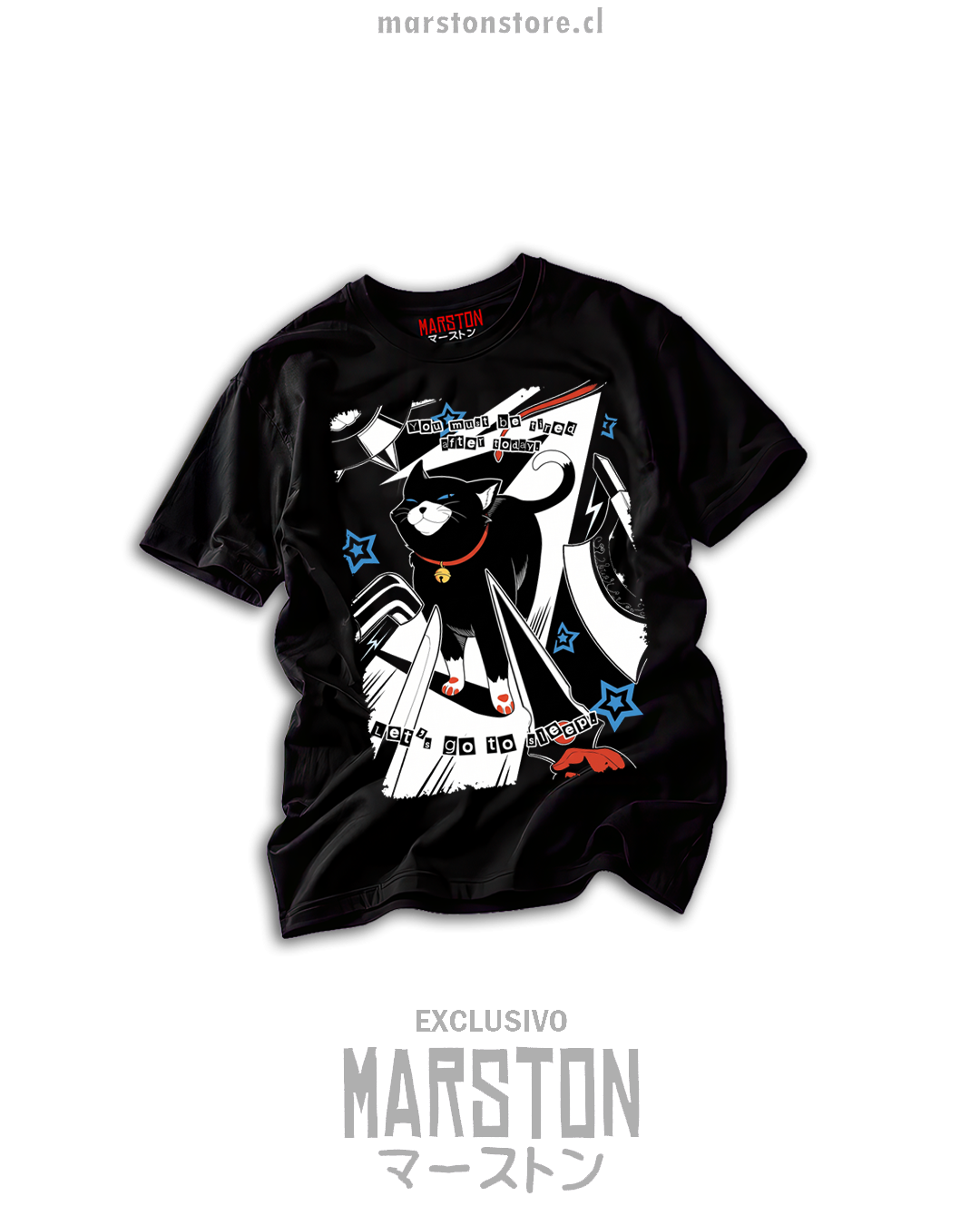 Polera negra Persona 5 con Morgana en diseño gráfico