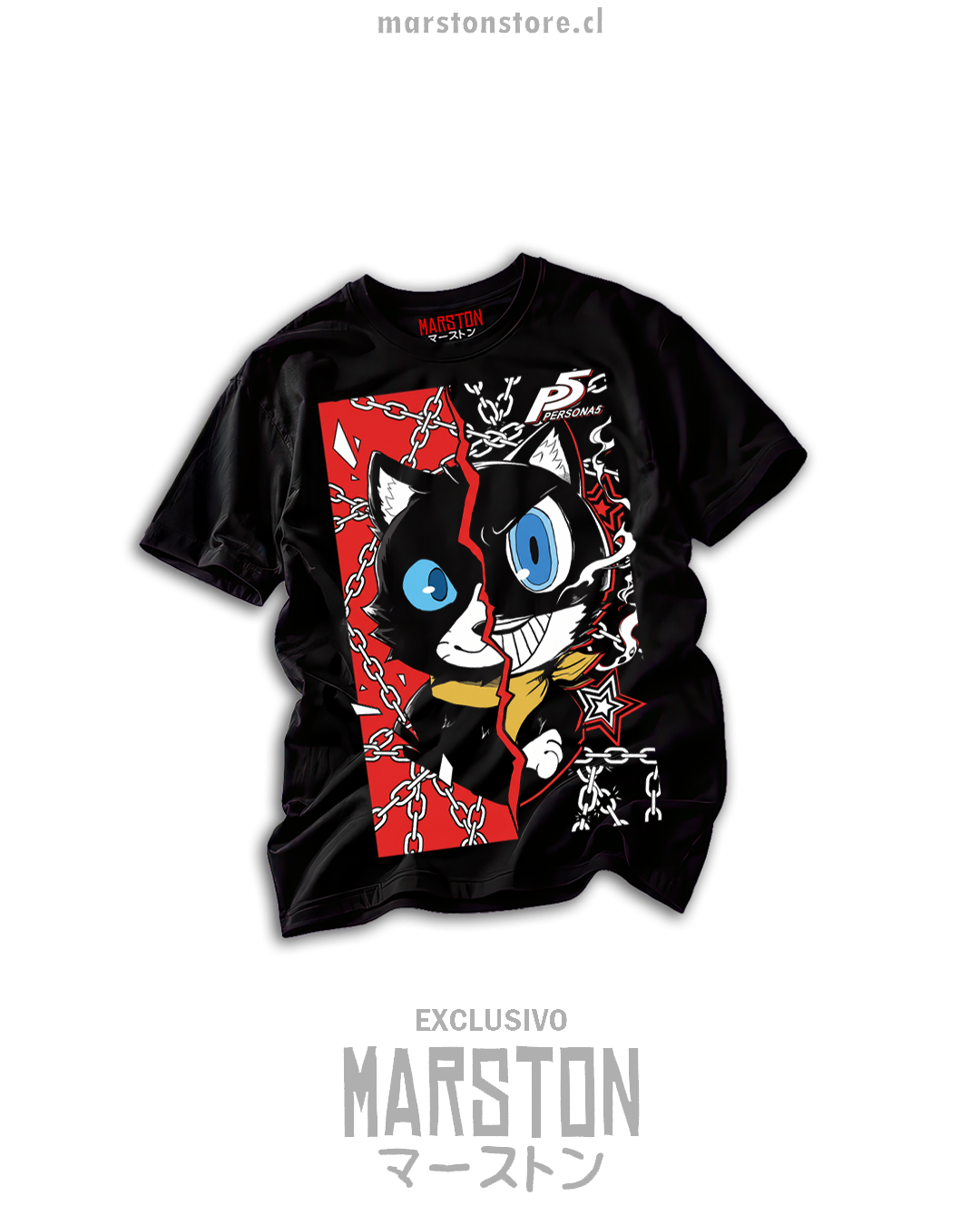 Polera negra Persona 5 con Morgana en collage rojo