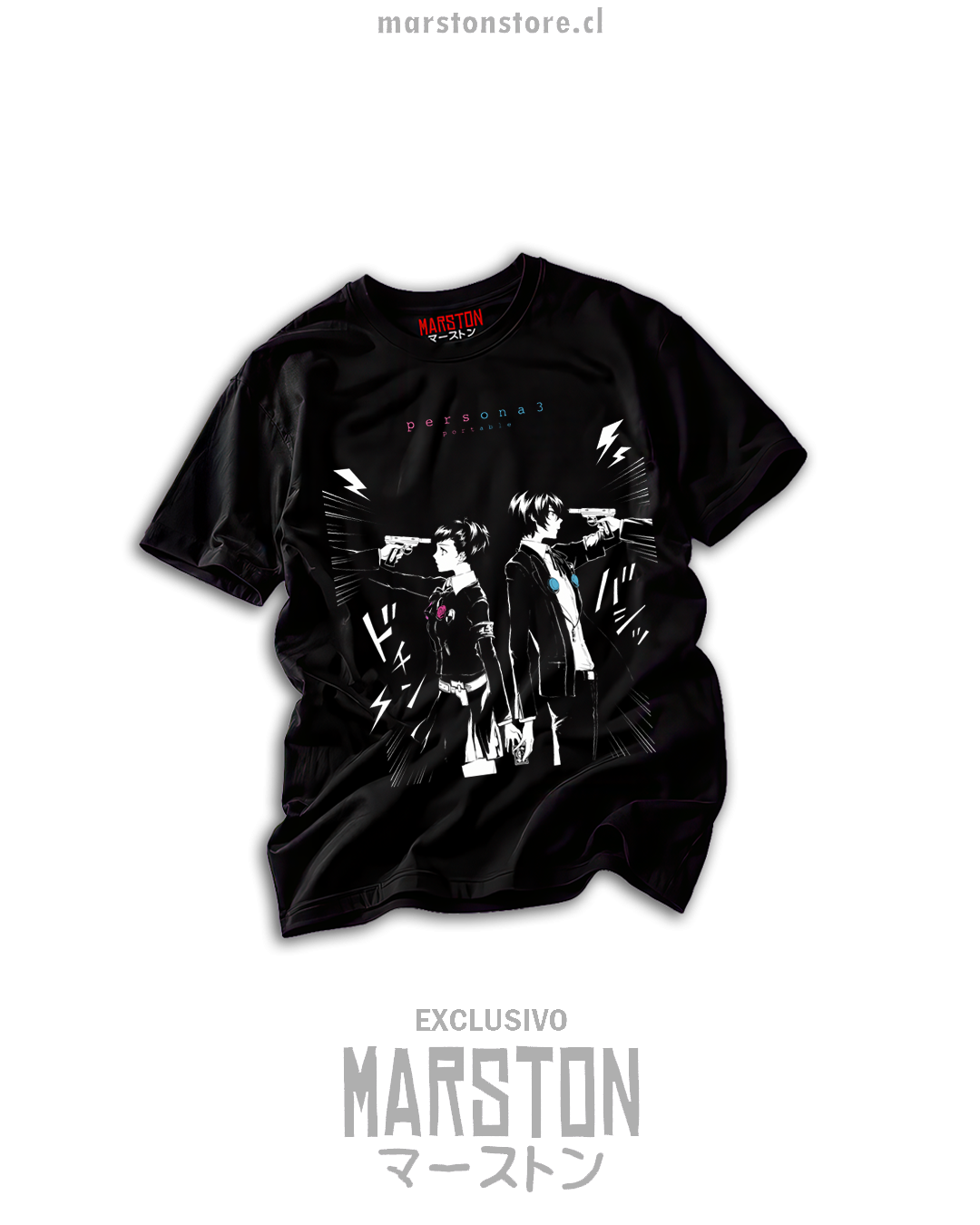 Polera negra Persona 5 con los Phantom Thieves en ilustración monocroma