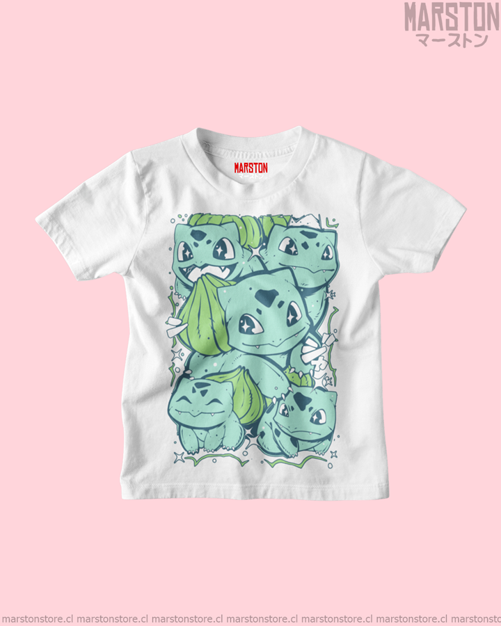 Polera blanca de Pokémon con diseño de Bulbasaur