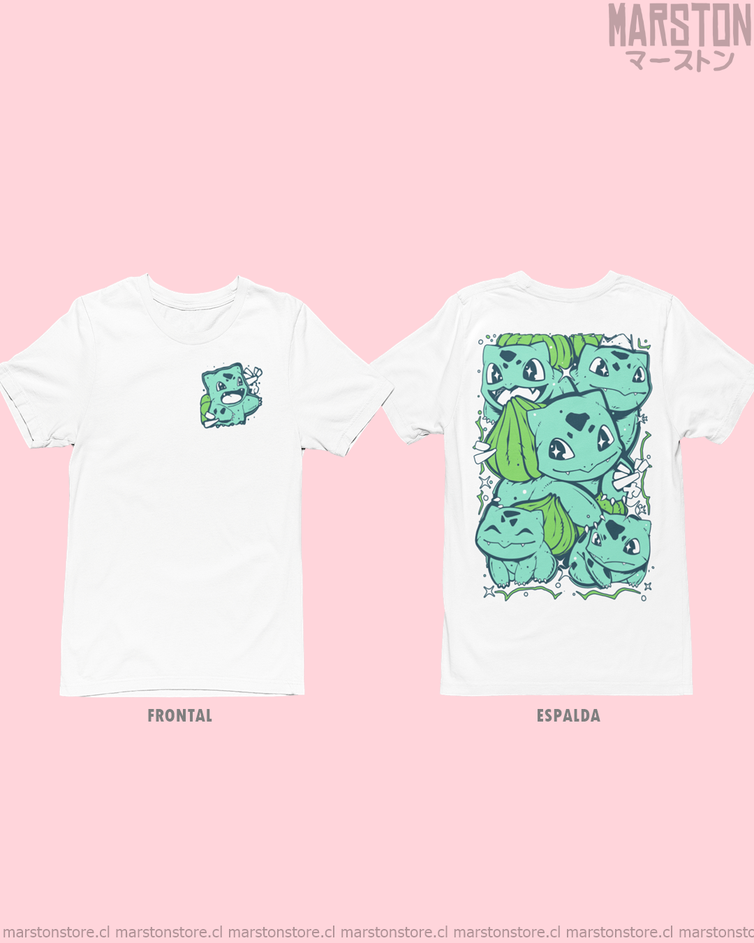 Polera blanca de Pokémon con Bulbasaur, diseño frontal y espalda