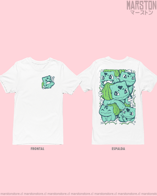 Polera blanca de Pokémon con Bulbasaur, diseño frontal y espalda
