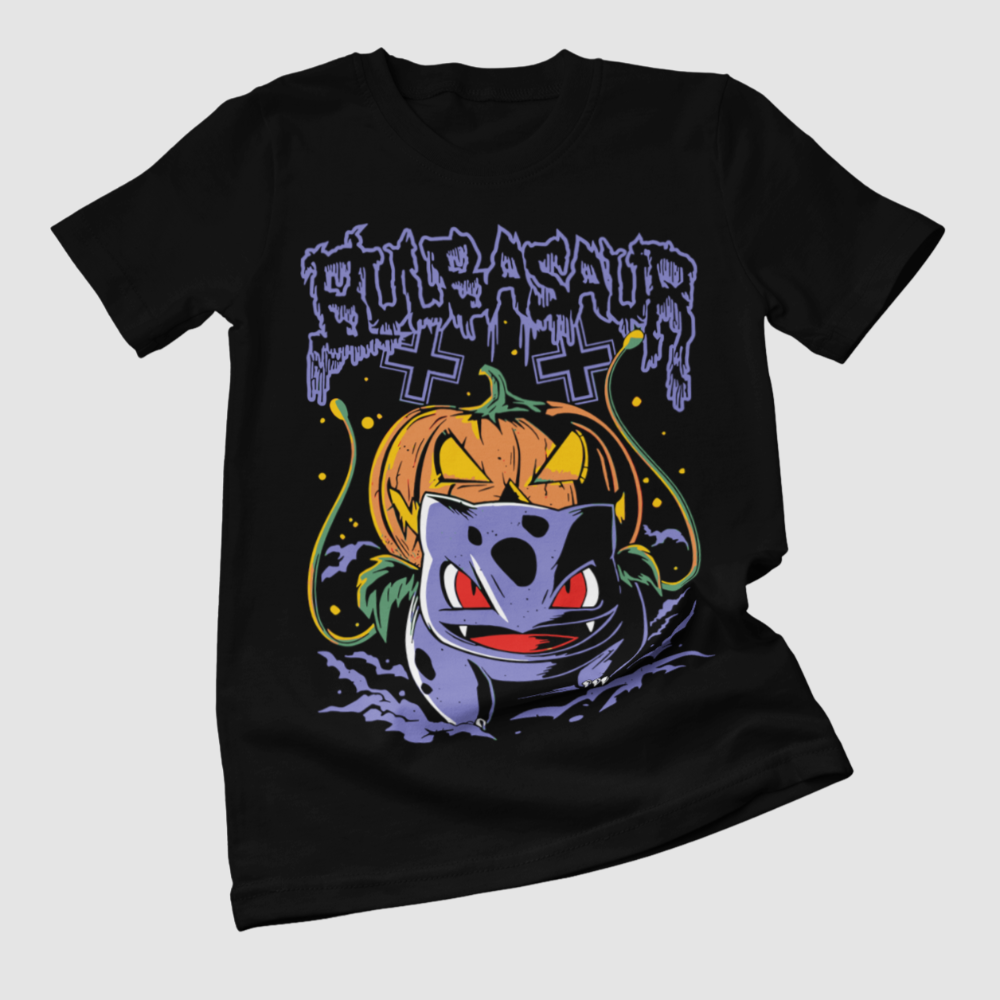 Polera negra de Pokémon con Bulbasaur en diseño de Halloween