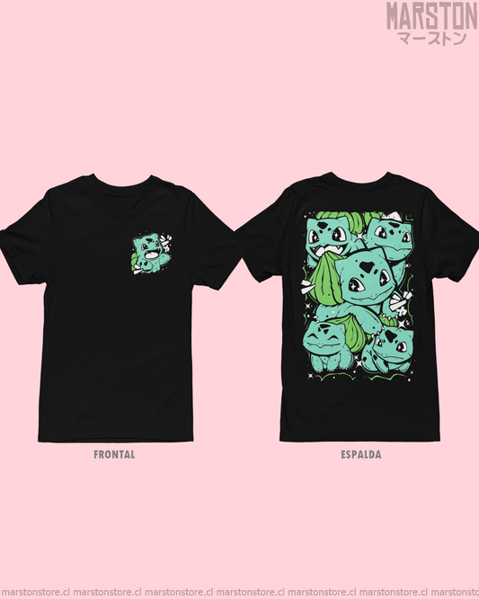 Polera negra de Pokémon con Bulbasaur, diseño frontal y espalda