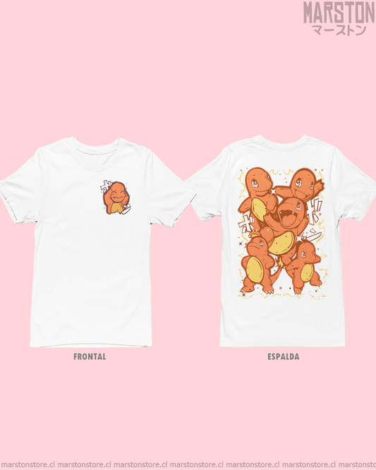 Polera blanca de Pokémon con Charmander, diseño frontal y espalda