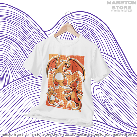 Polera blanca de Pokémon con Charmander, Charmeleon y Charizard