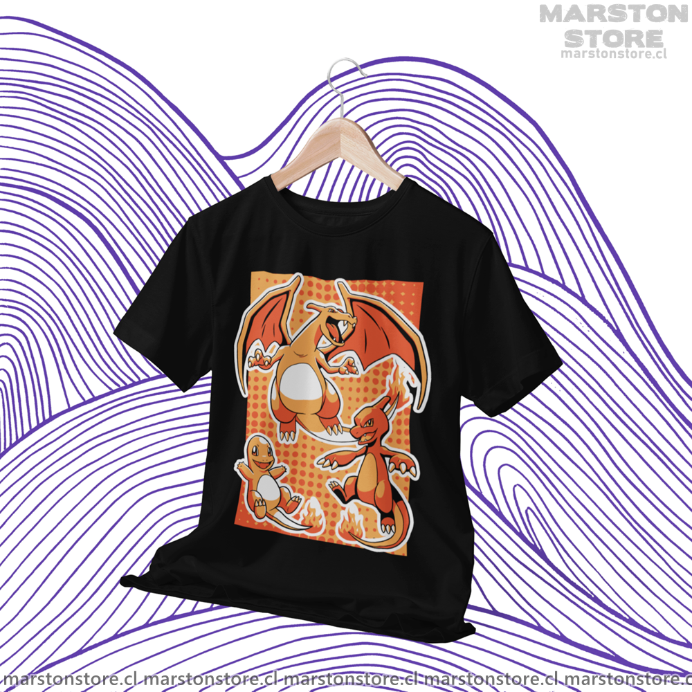 Polera negra de Pokémon con Charmander, Charmeleon y Charizard