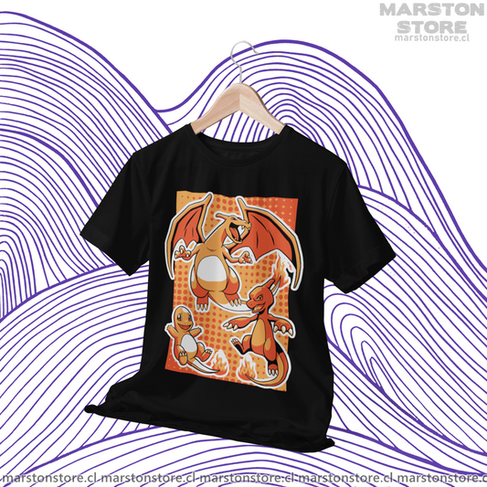 Polera negra de Pokémon con Charmander, Charmeleon y Charizard