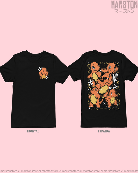 Polera negra de Pokémon con Charmander, diseño frontal y espalda