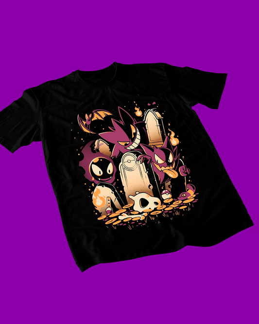Polera negra Pokémon con Gastly, Haunter y Gengar, línea evolutiva de tipo Fantasma y Veneno