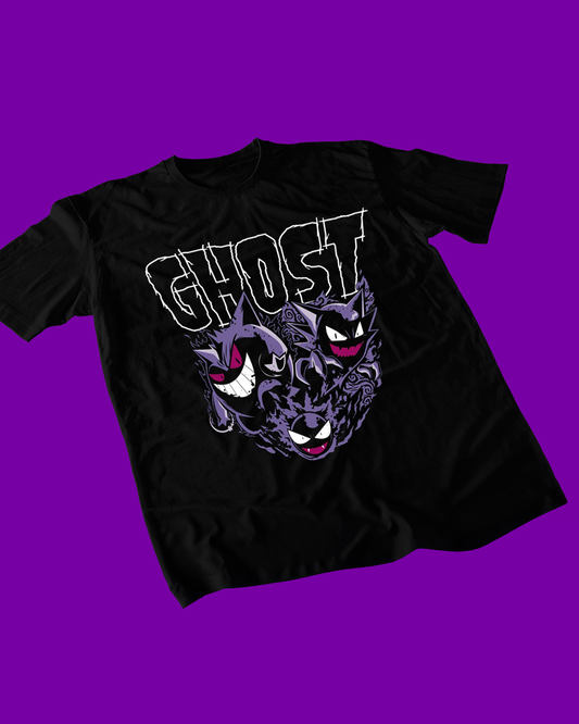 Polera negra Pokémon con Gastly, Haunter y Gengar, línea evolutiva de tipo Fantasma y Veneno