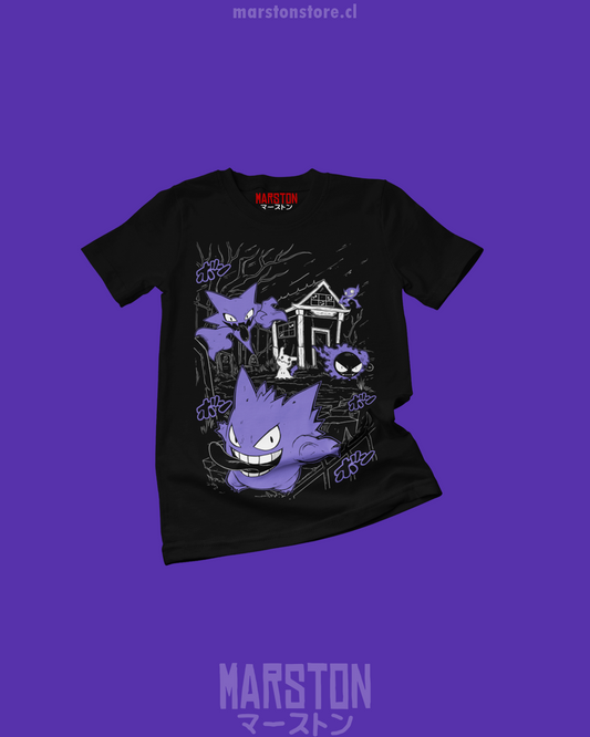 Polera negra Pokémon con Gengar, Haunter, Gastly, Mimikyu y Sableye, diseño de Pokémon de tipo Fantasma