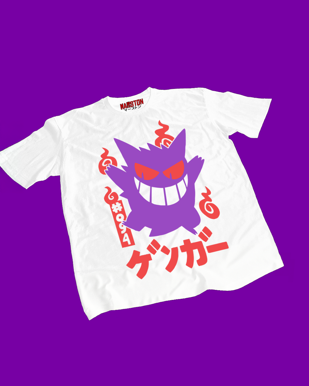 Polera blanca de Pokémon con Gengar, Pokémon de tipo Fantasma y Veneno