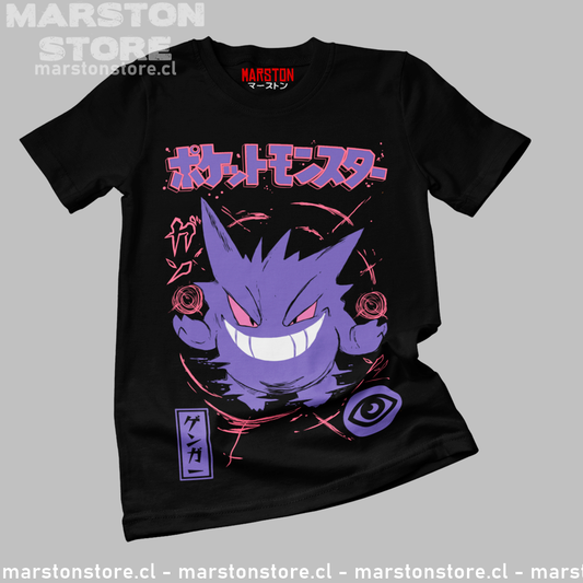 Polera negra de Pokémon con Gengar, Pokémon de tipo Fantasma y Veneno