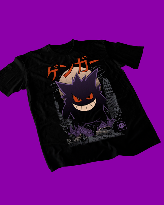 Polera negra de Pokémon con Gengar, Pokémon de tipo Fantasma y Veneno