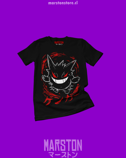 Polera negra de Pokémon con Gengar, Pokémon de tipo Fantasma y Veneno