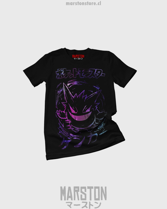 Polera negra Pokémon con Gengar en diseño espacial, Pokémon de tipo Fantasma y Veneno