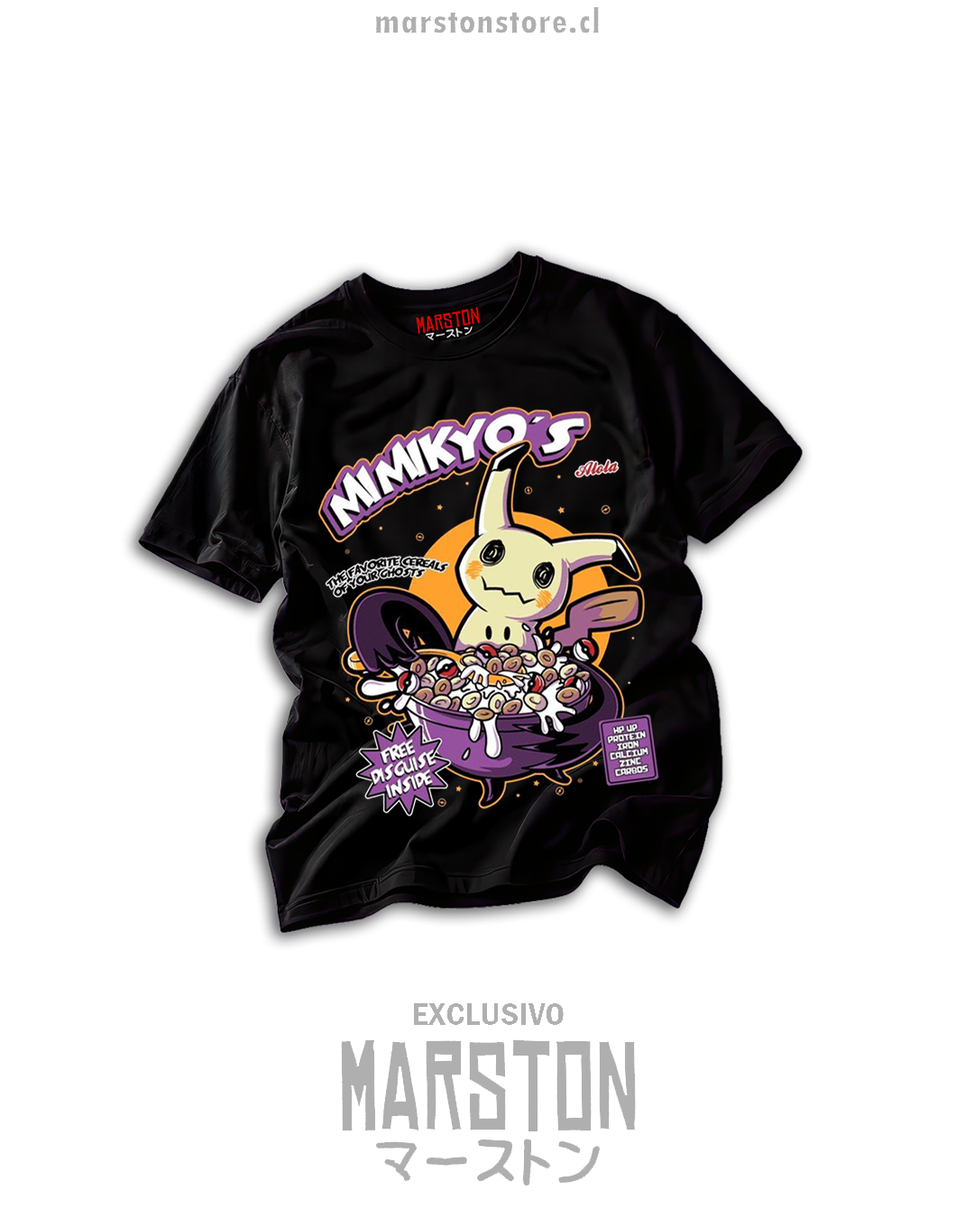Polera negra Pokémon con Mimikyu y diseño de cereal
