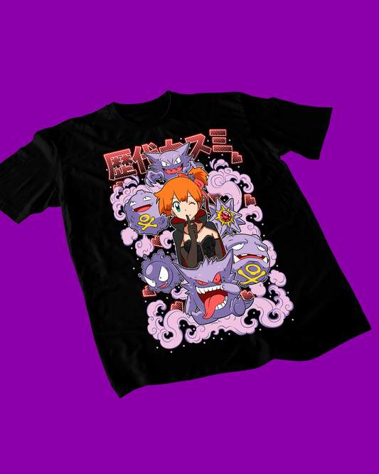 Polera negra Pokémon con Misty y Gengar, Pokémon de tipo Fantasma y Veneno