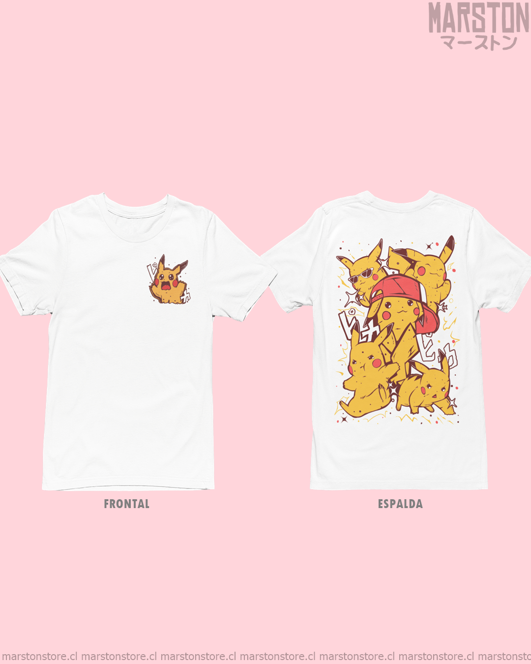 Polera blanca de Pokémon con Pikachu, diseño frontal y espalda