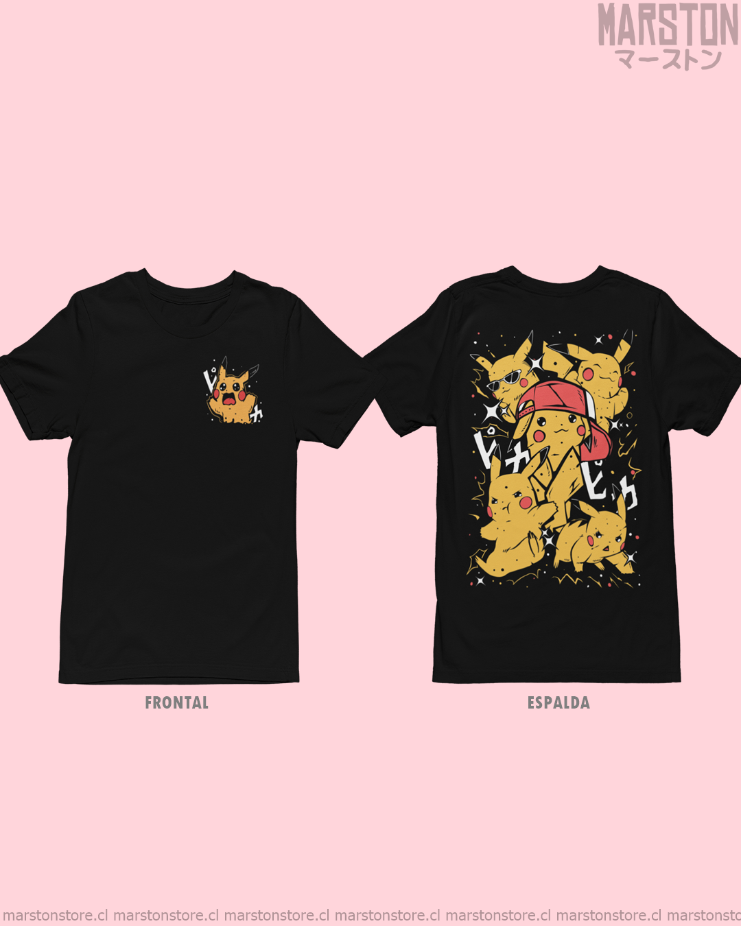 Polera negra de Pokémon con Pikachu, diseño frontal y espalda