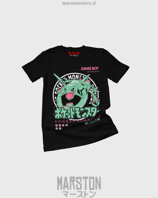 Polera negra de Pokémon con Rayquaza estilo Game Boy