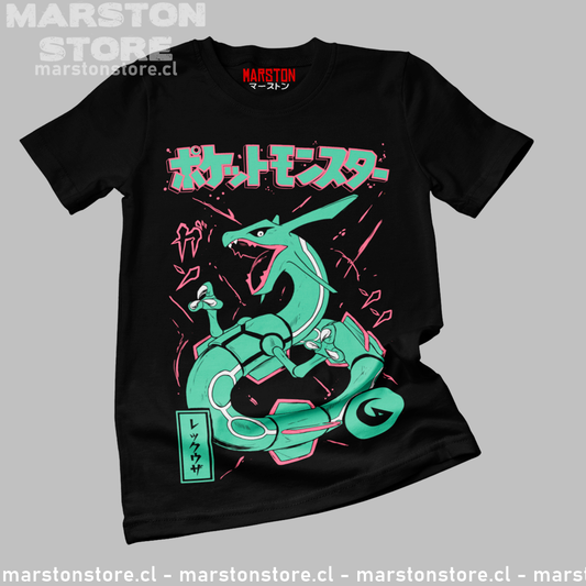 Polera negra de Pokémon con diseño de Rayquaza
