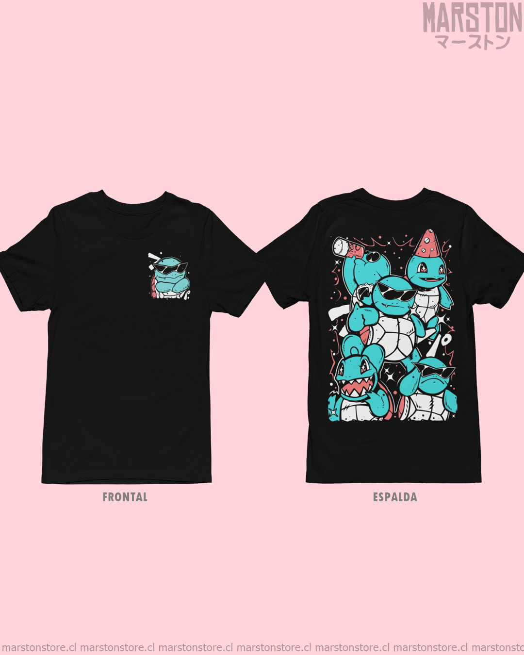 Polera negra de Pokémon con Squirtle, diseño frontal y espalda