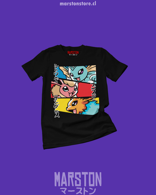 Polera negra de Pokémon con Vaporeon, Flareon y Jolteon