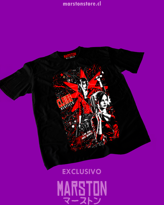 Polera negra Resident Evil con diseño de Claire Redfield