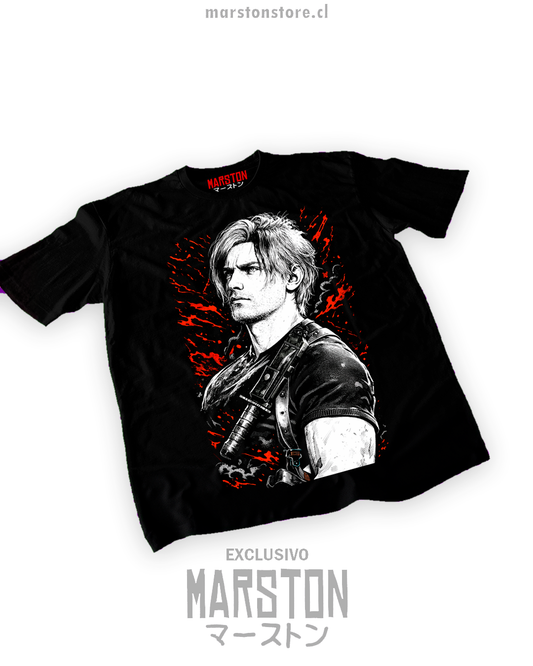 Polera negra Resident Evil con diseño de Leon S. Kennedy