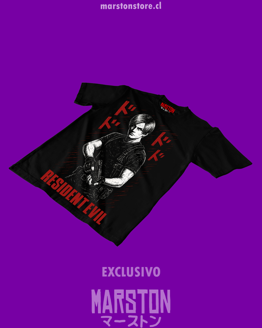 Polera negra Resident Evil con diseño de Leon S. Kennedy