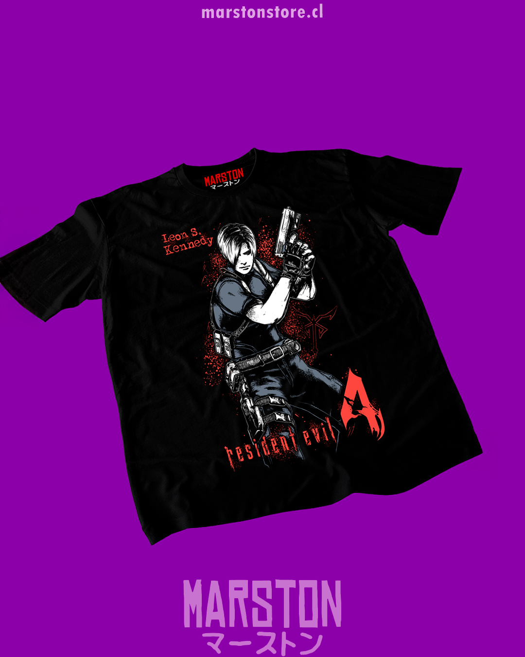 Polera negra Resident Evil con diseño de Leon S. Kennedy
