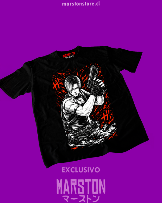 Polera negra Resident Evil con diseño de Leon S. Kennedy