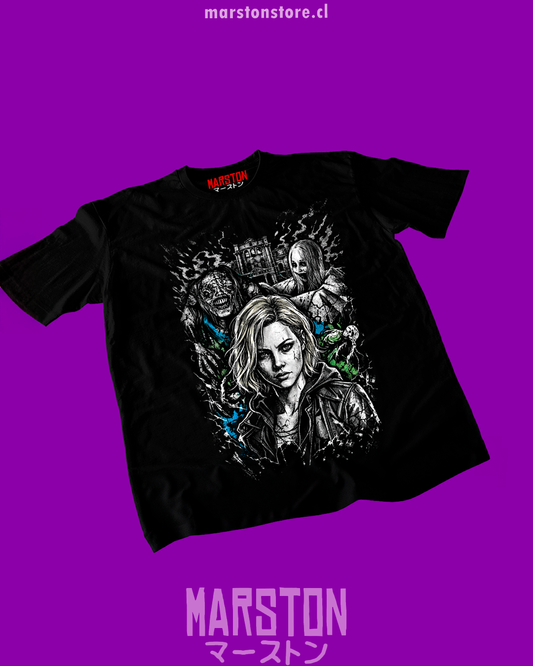 Polera negra Resident Evil Requiem con diseño de Grace Ashcroft