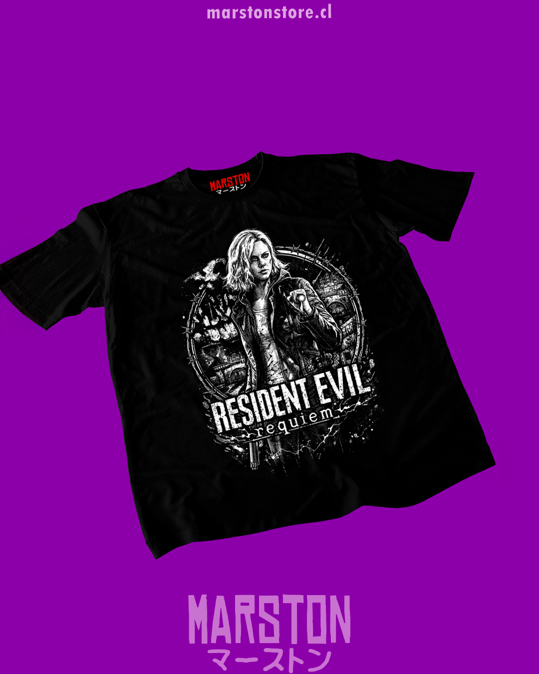 Polera negra con diseño de Resident Evil Requiem