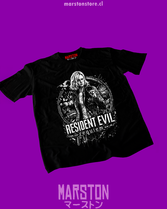 Polera negra con diseño de Resident Evil Requiem