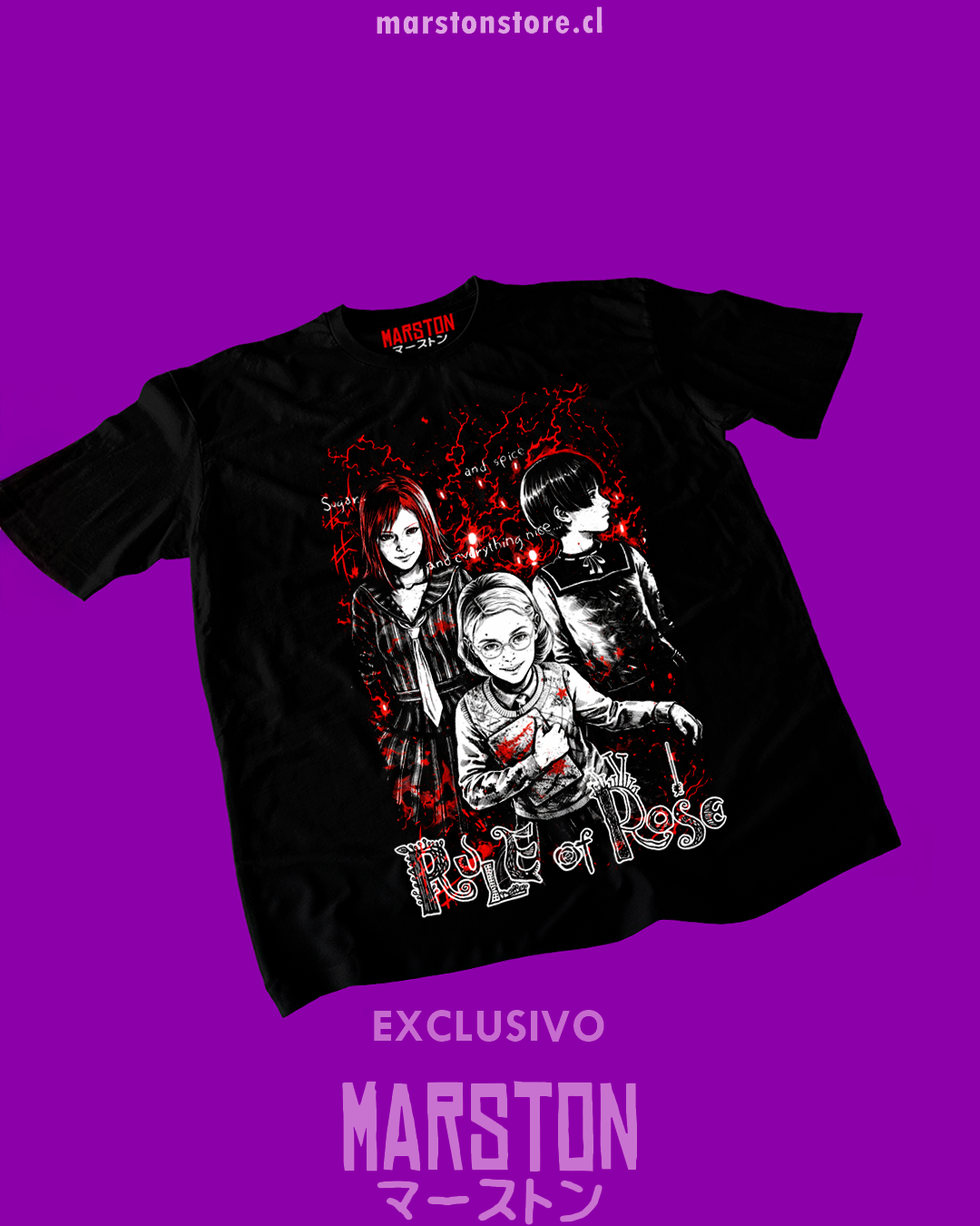 Polera negra con diseño de Rule of Rose