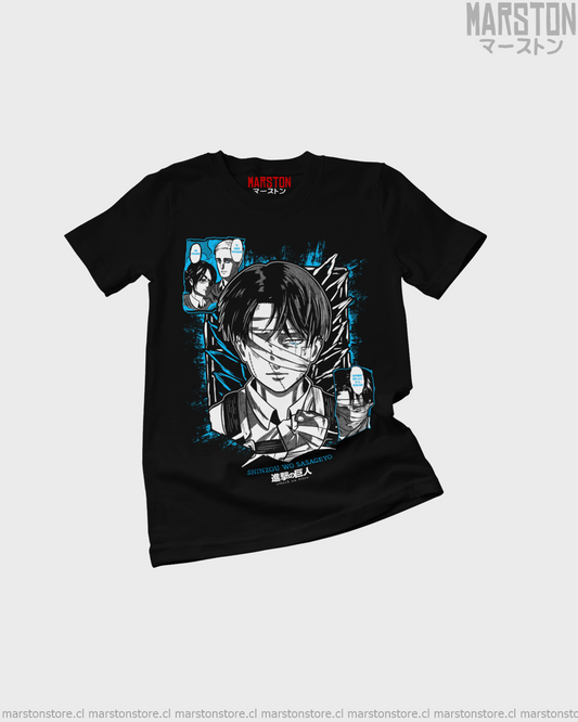 Polera negra Shingeki no Kyojin con diseño de Levi Ackerman