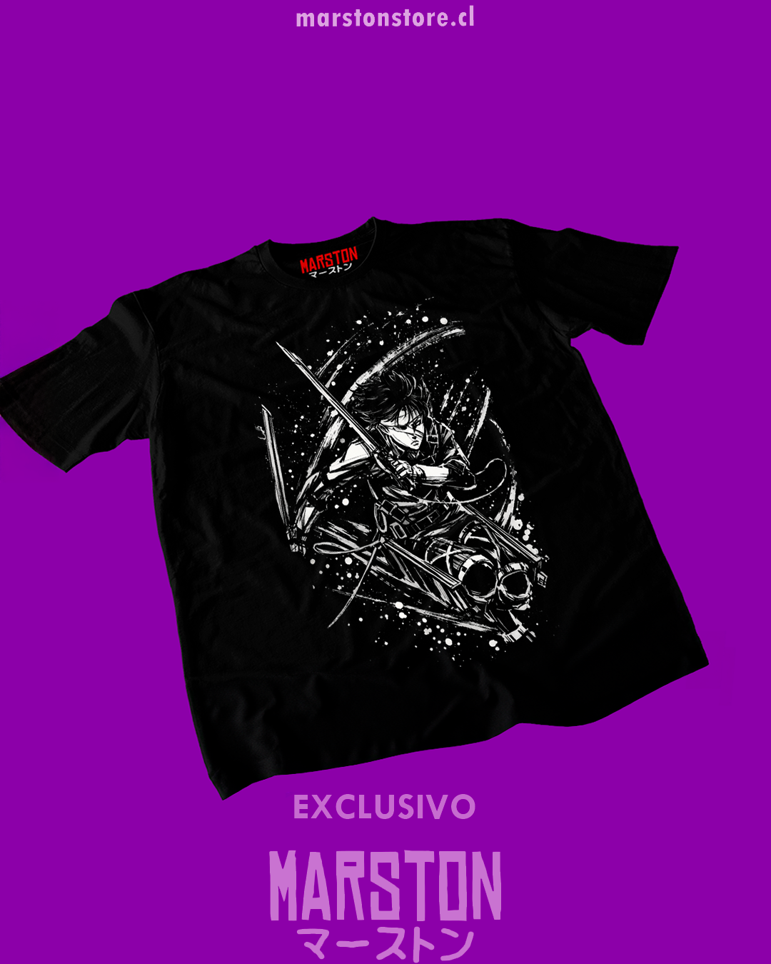 Polera negra Shingeki no Kyojin con diseño de Levi Ackerman