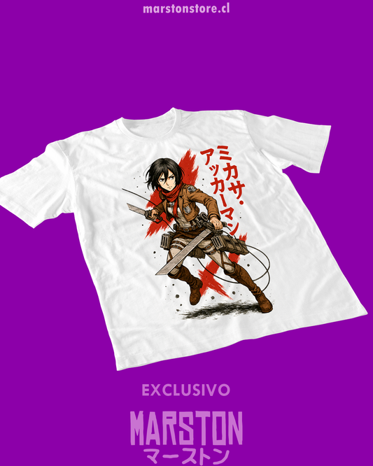 Polera blanca Shingeki no Kyojin con diseño de Mikasa Ackerman