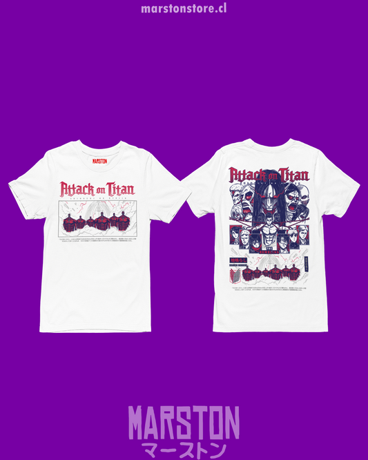 Polera blanca Shingeki no Kyojin con diseño Retumbar v1 y doble estampado