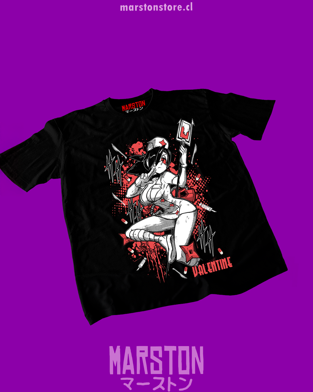 Polera negra Skullgirls con diseño de Valentine