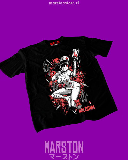 Polera negra Skullgirls con diseño de Valentine
