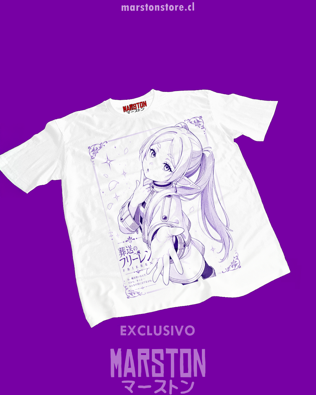 Polera blanca Sousou no Frieren con diseño inspirado en el anime