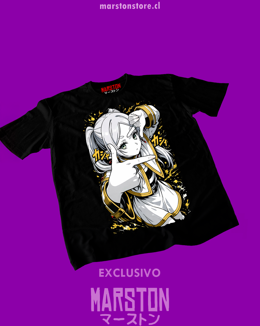Polera negra Sousou no Frieren con diseño inspirado en el anime