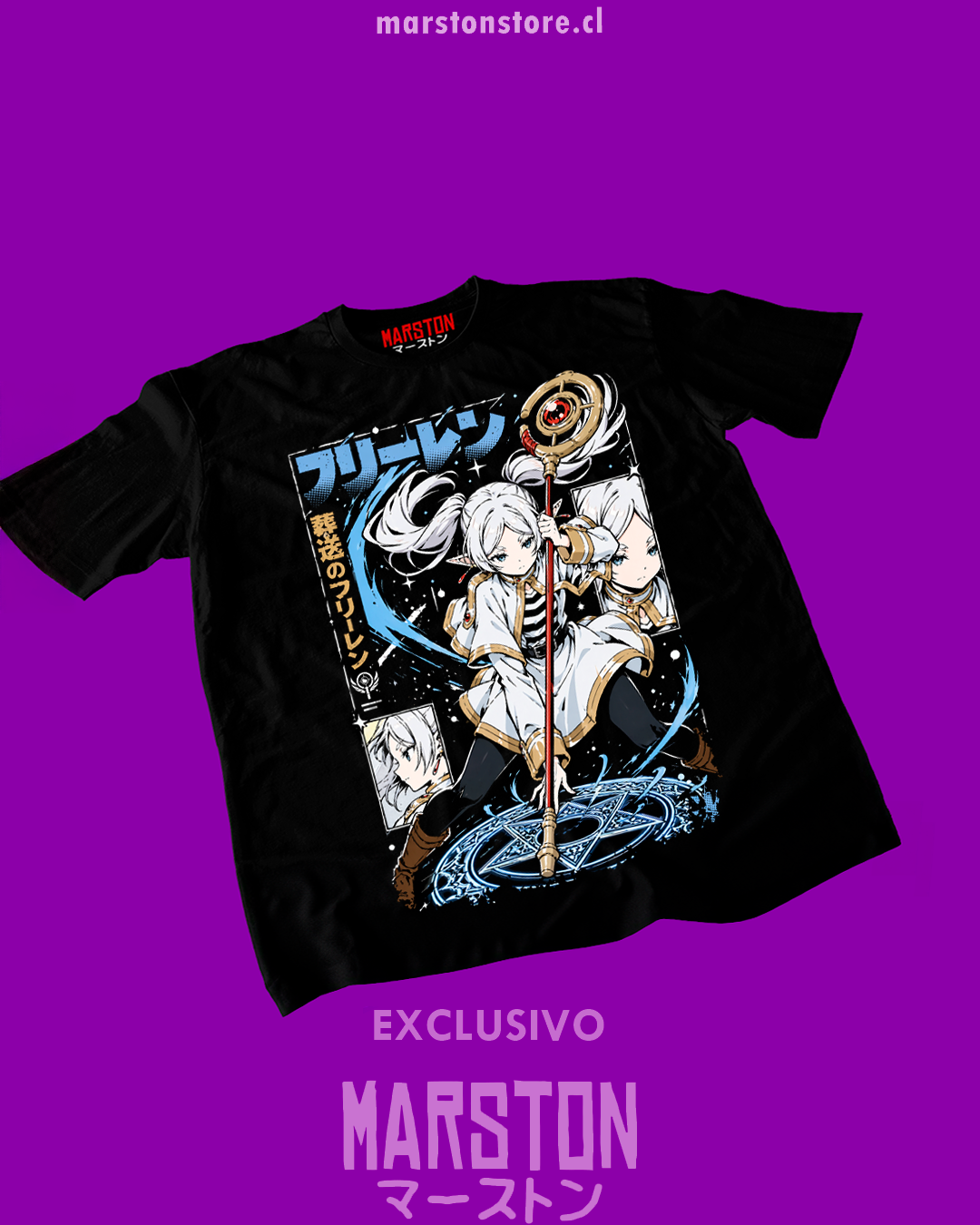 Polera negra Sousou no Frieren con diseño inspirado en el anime