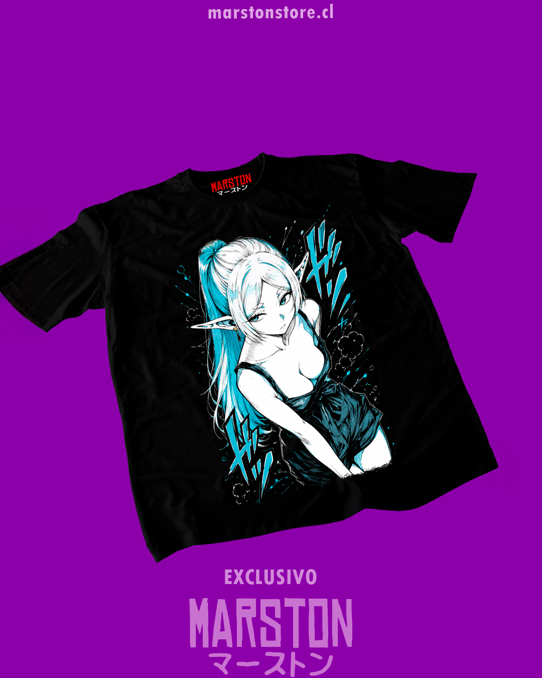 Polera negra Sousou no Frieren con diseño inspirado en el anime