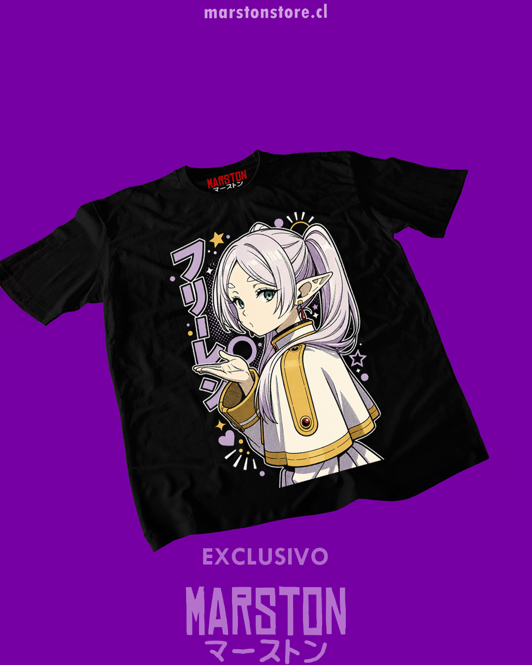 Polera negra Sousou no Frieren con diseño inspirado en el anime